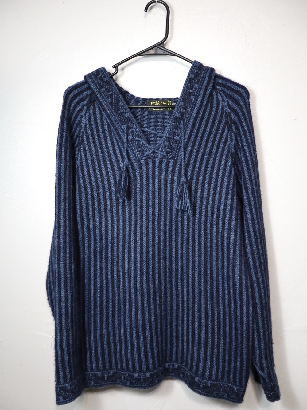Vintage Alpaca Wool Blue Striped Knit Pullover Sweater Size Medium